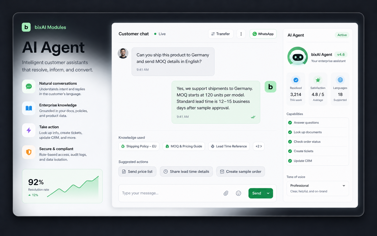 Generated bixAI AI Agent product interface for multi-channel customer service.